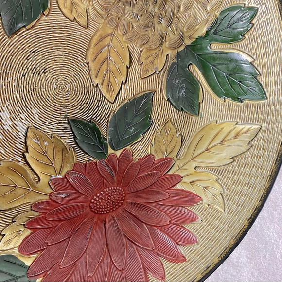 Vintage Nasco Lacquerware Textured Peony  Pedestal Bowl - Picture 10 of 14